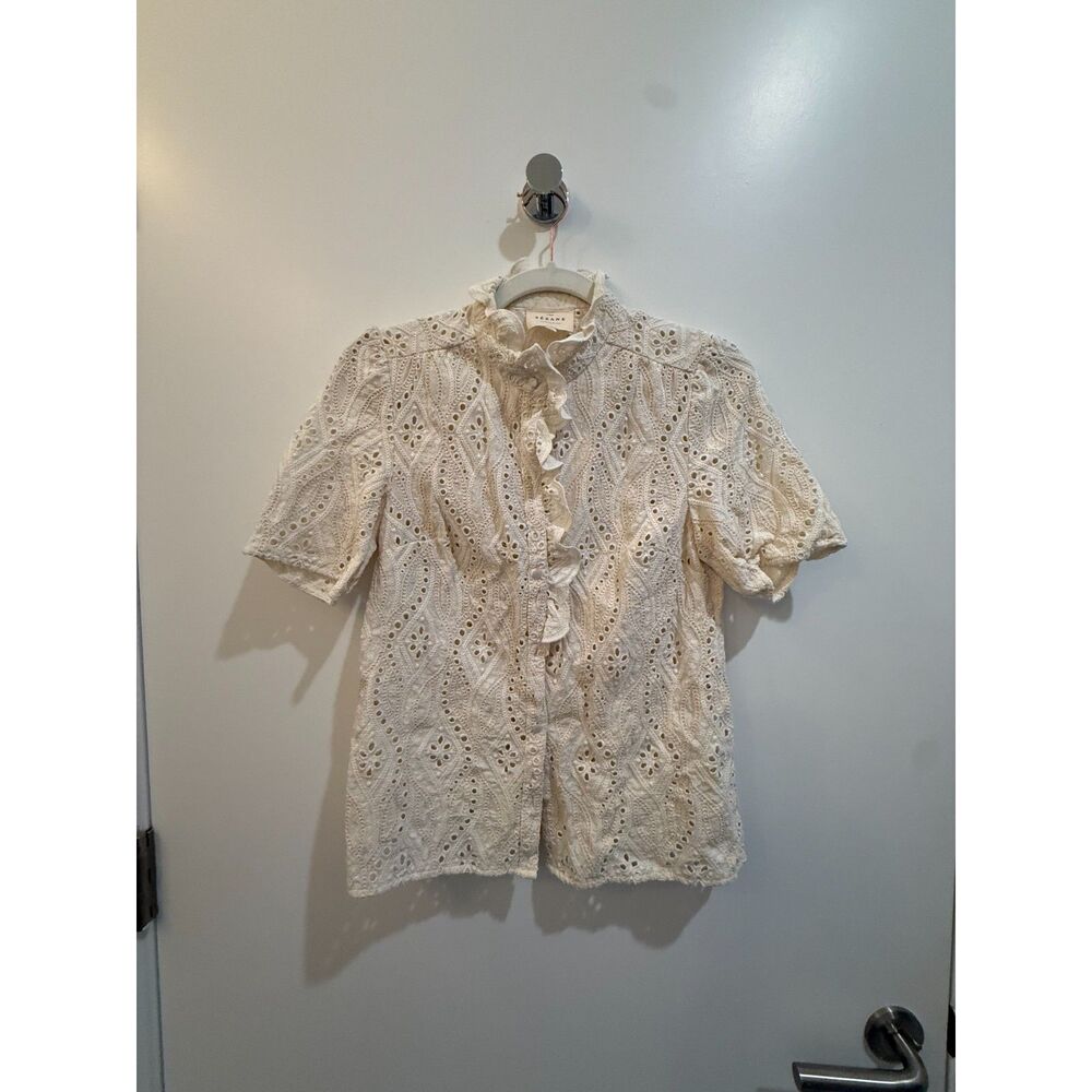 Sézane Cream Eyelet Lace Ruffle Top Size 34 (US XS) Parisian - Picture 2 of 9